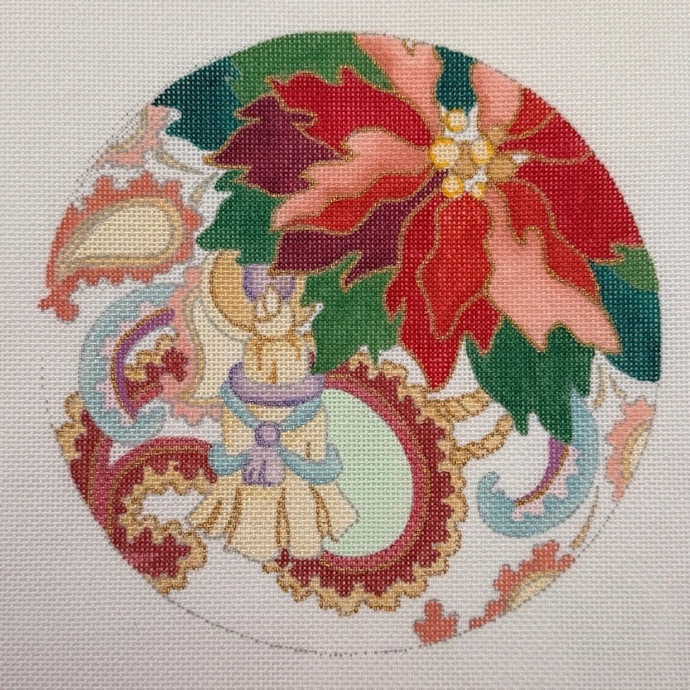Poinsettia Paisley Hand Painted Needlepoint Canvas Round Christmas Ornament PC22